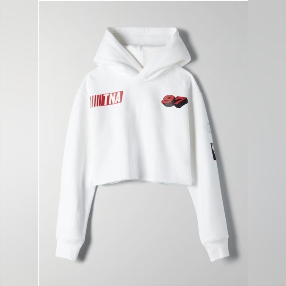 TNA White Cropped Hoodie with Red and Black Details size small